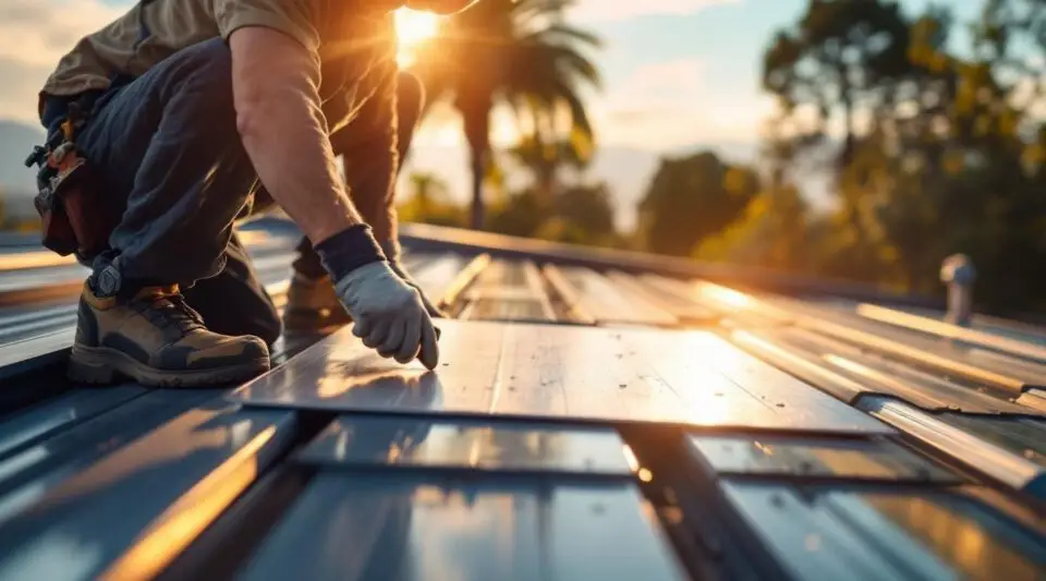 Professional standing seam metal roof installation on a Henderson commercial facility under bright, clear coastal sunlight.