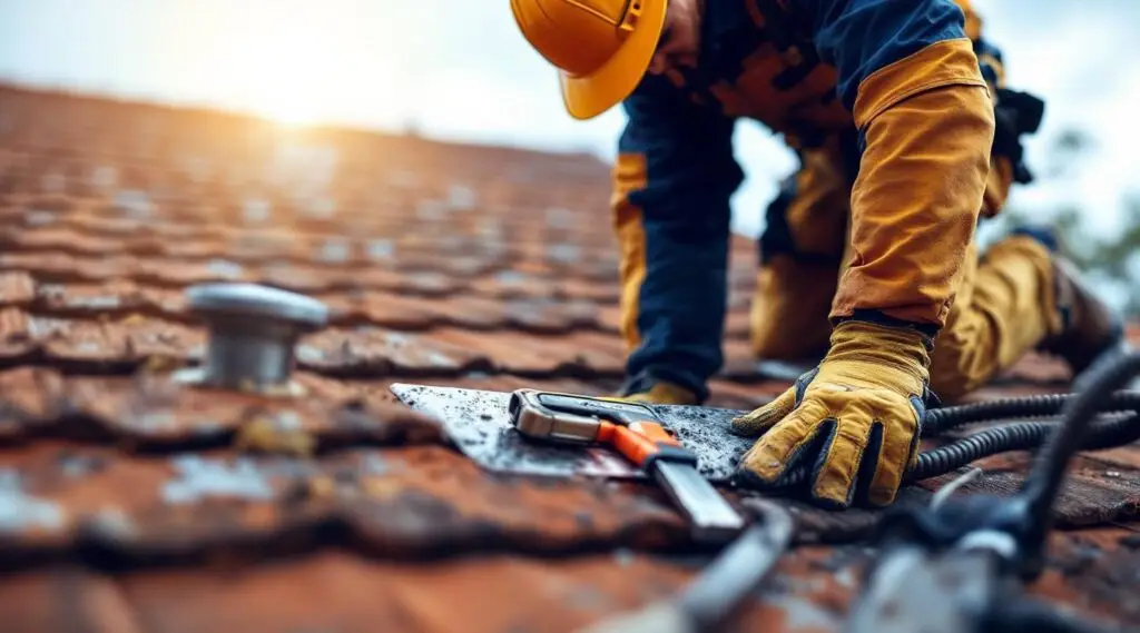 A professional roofing contractor inspecting shingles and flashing on a home near Horizon Drive in Mesquite, Nevada.