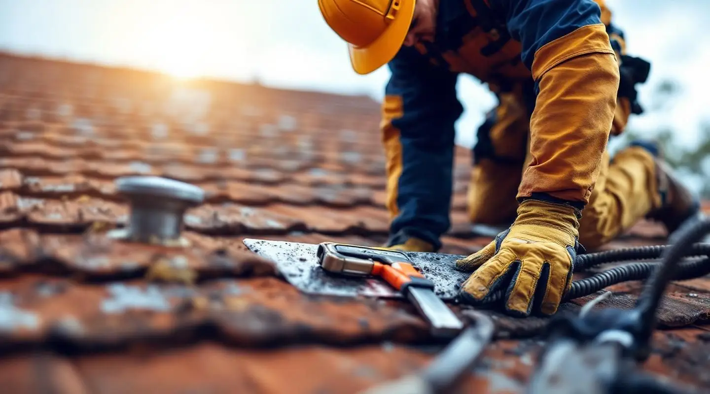 A professional roofing contractor inspecting shingles and flashing on a home near Horizon Drive in Henderson, Nevada.