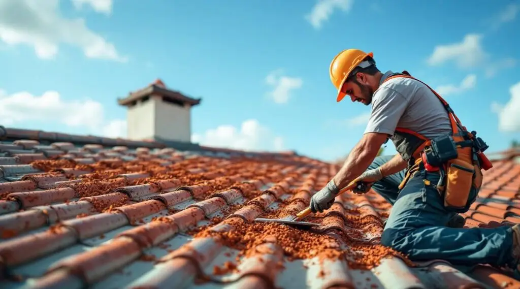 A commercial facility in Mesquite featuring newly installed red clay tile roofing under clear desert skies.