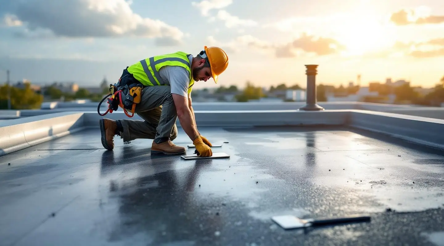 Commercial roofing technicians applying a seamless EPDM rubber membrane to a large flat roof in Henderson.
