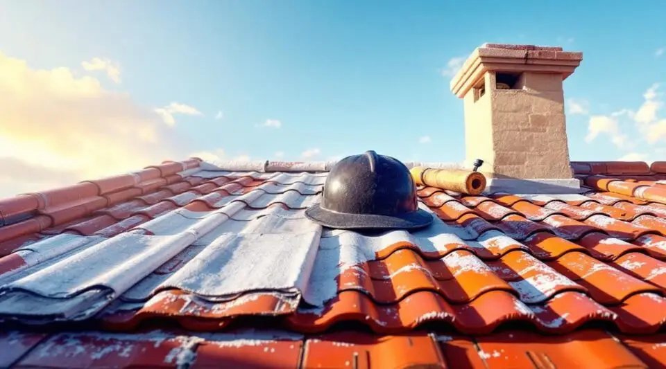 A commercial property in Henderson featuring professionally installed red clay Spanish tile roofing under a warm golden hour sky.