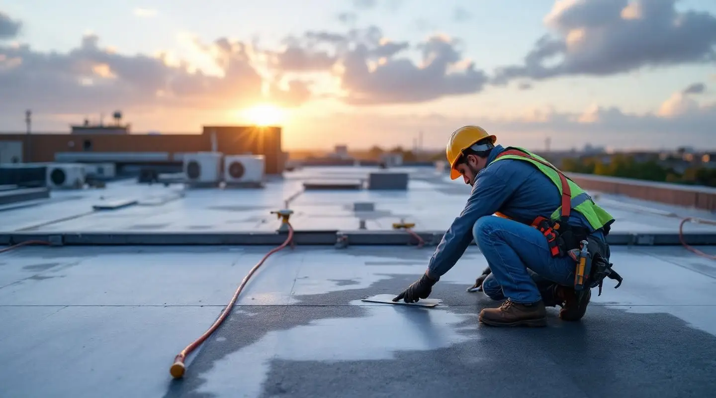 Professional roofers installing a durable white flat TPO roof on a commercial building in Henderson Nevada under bright sun.