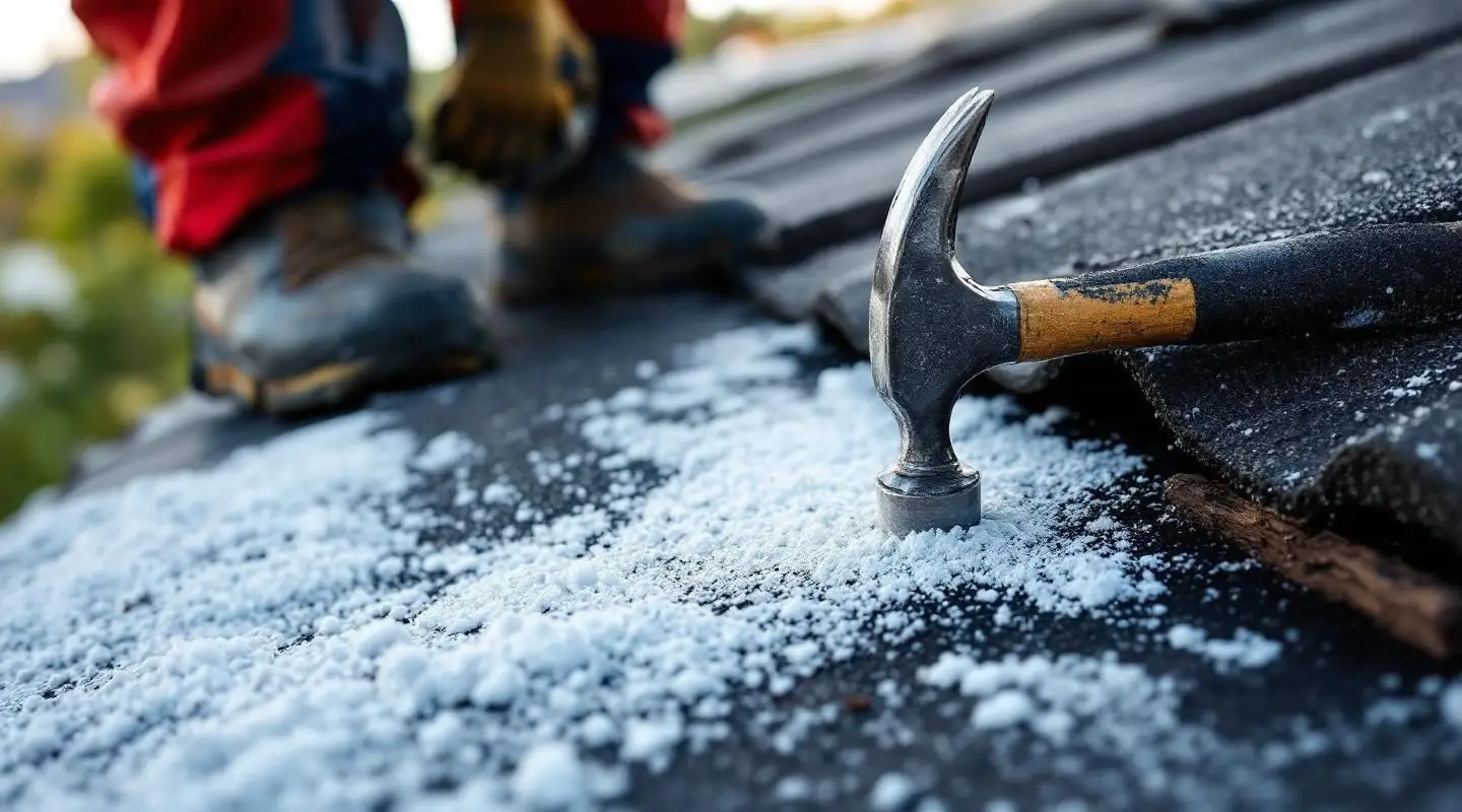 A professional roofer carefully inspecting and sealing damaged clay tiles on a residential home in Henderson, Nevada.