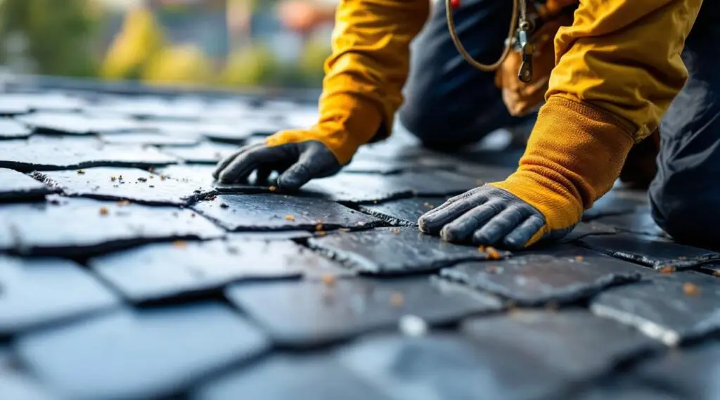 Natural quarried slate tiles being meticulously installed on a sloped commercial roof in Mesquite
