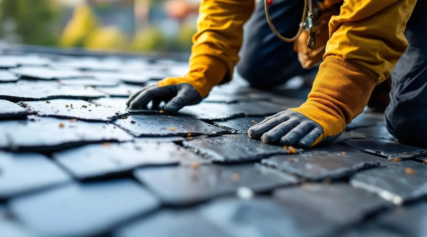 Natural quarried slate tiles being meticulously installed on a sloped commercial roof in Henderson