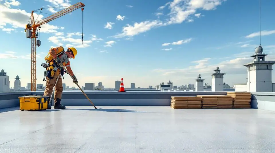 Roofing technicians heat-welding a white TPO flat roof membrane on a commercial facility in Henderson under bright sun.