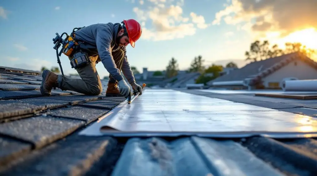 A professional roofing crew installing clean asphalt shingles on a suburban Mesquite home under the bright Nevada sun.