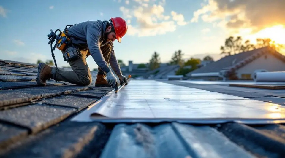 A professional roofing crew installing clean asphalt shingles on a suburban Henderson home under the bright Nevada sun.