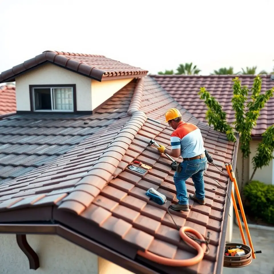 A professional roofing crew carefully installing durable tile roofing on a suburban Henderson home under a clear desert sky.