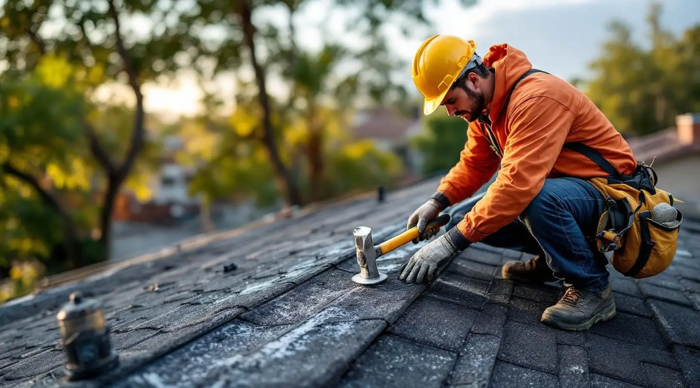 A professional roofer carefully sealing flashing around a chimney on a tile roof under the bright Henderson sun.