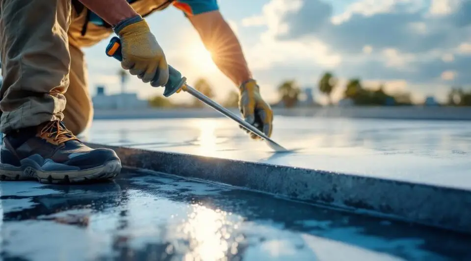 A professional roofing crew applying a white silicone roof coating to a flat commercial roof in Henderson, Nevada.