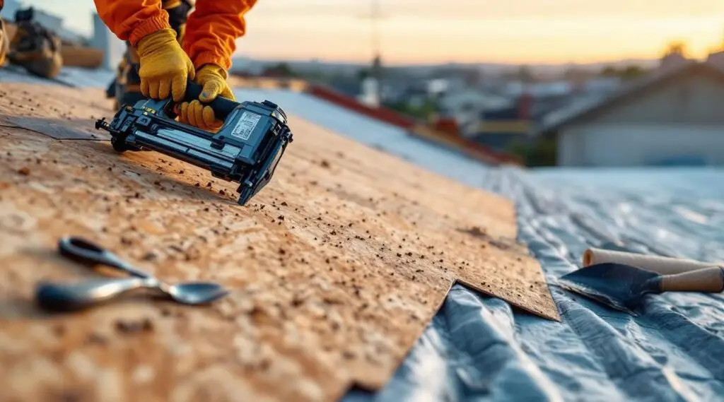 Professional roofing crew installing new architectural shingles on a Mesquite home under a clear desert sky.