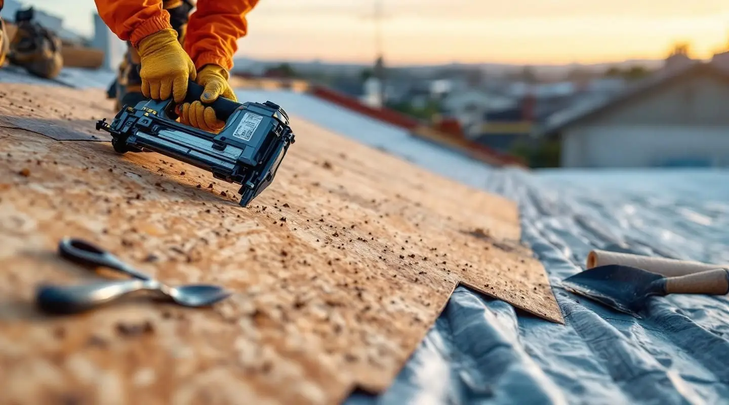 Professional roofing crew installing new architectural shingles on a Henderson home under a clear desert sky.