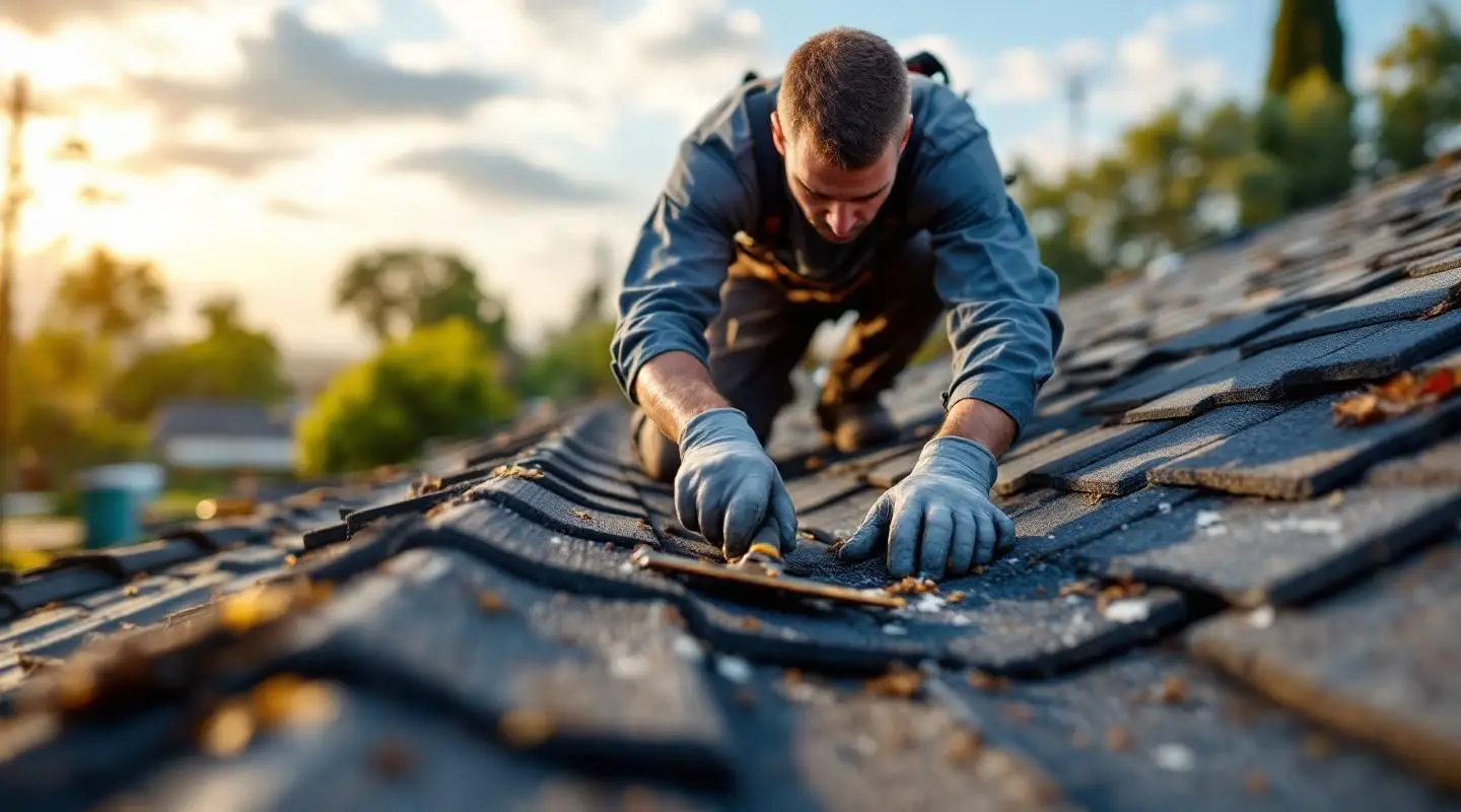 Professional roofing crew installing heavy-duty asphalt shingles on a commercial facility in Henderson under bright sunlight.