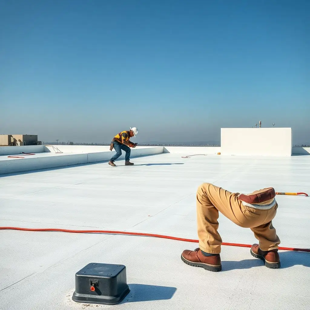 Commercial roofing crew heat-welding a TPO membrane patch on a flat roof in Mesquite under bright desert sunlight.