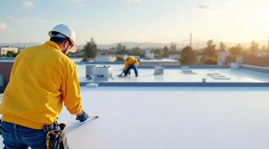 Commercial roofing crew hot-air welding seams on a white TPO flat roof membrane in Mesquite, Nevada under bright desert sunlight.