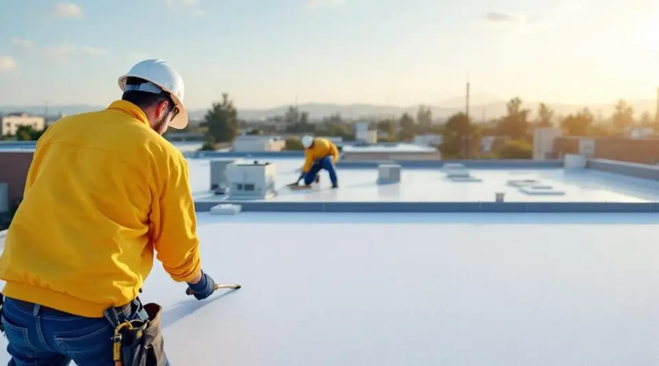 Commercial roofing crew hot-air welding seams on a white TPO flat roof membrane in Henderson, Nevada under bright desert sunlight.